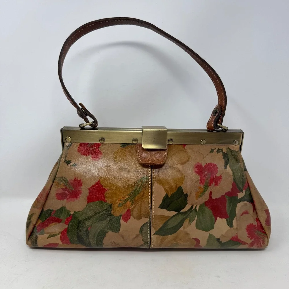 Patricia‎ Nash Floral Print Leather  Handbag Tan Hibiscus Kisslock Closure